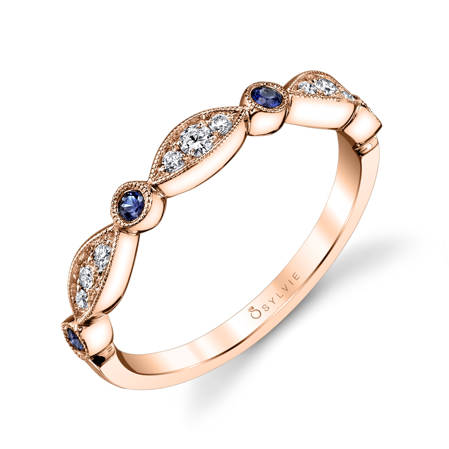 Blue Sapphire and Diamond Vintage Wedding Band