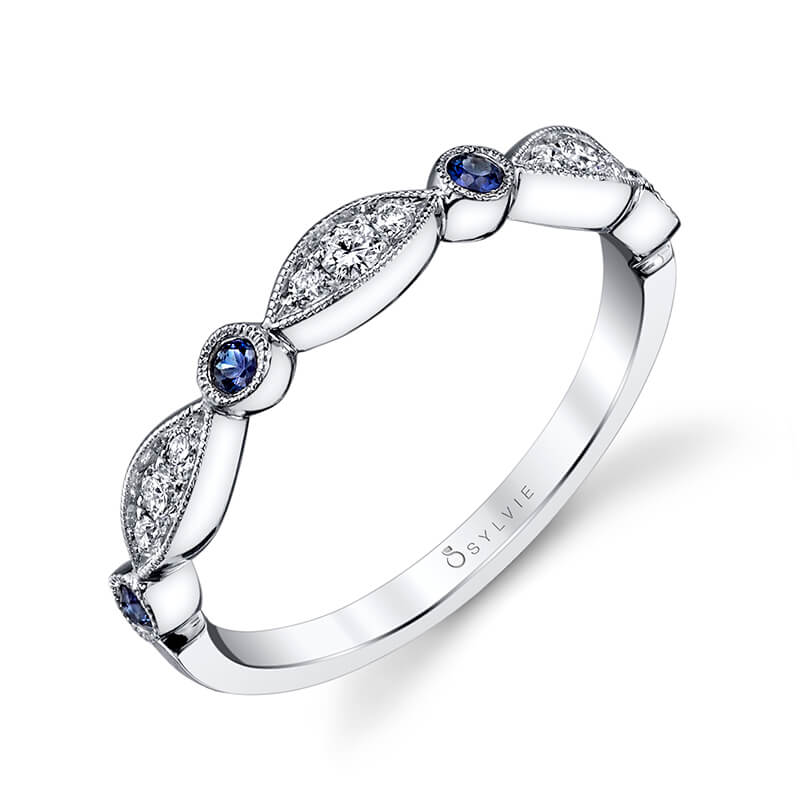 Blue Sapphire and Diamond Vintage Wedding Band