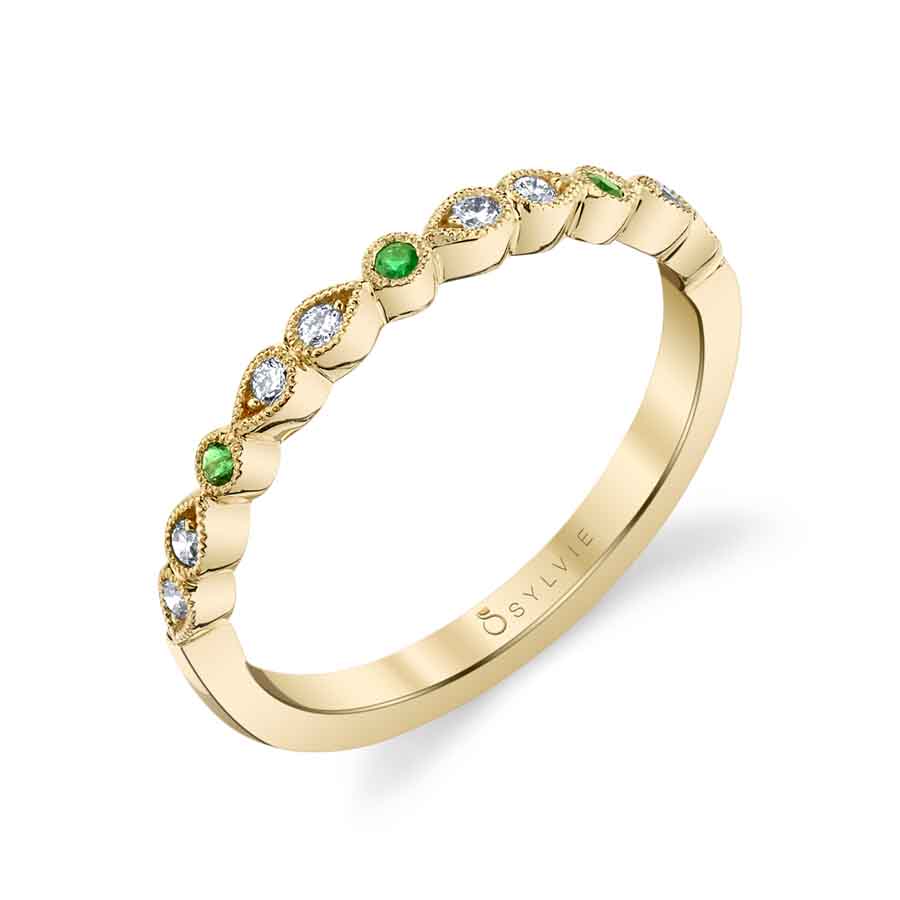 Diamond and Green Emerald Wedding Band
