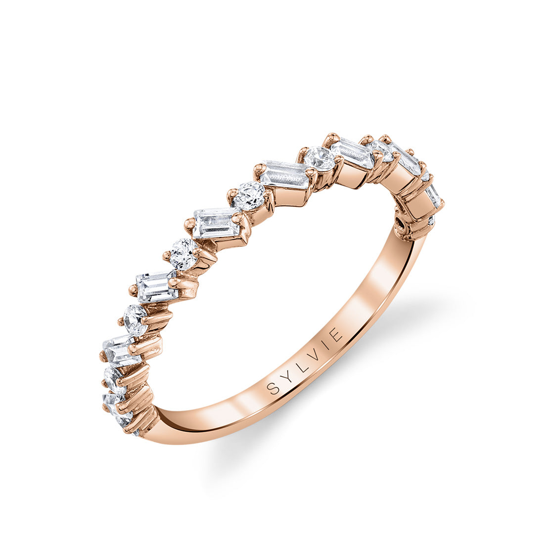 Emerald and Round Slanted Diamond Baguette Wedding Band