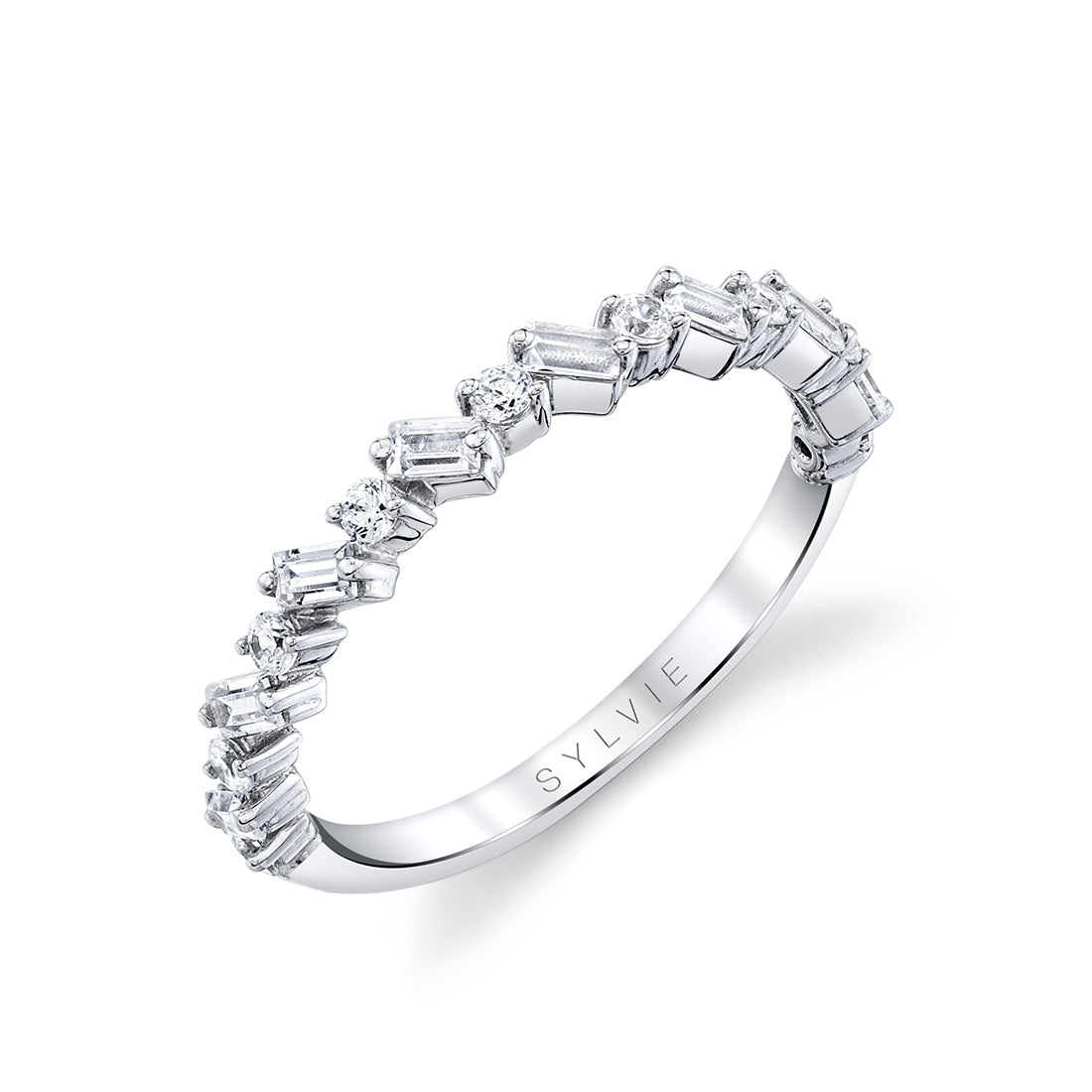 Emerald and Round Slanted Diamond Baguette Wedding Band