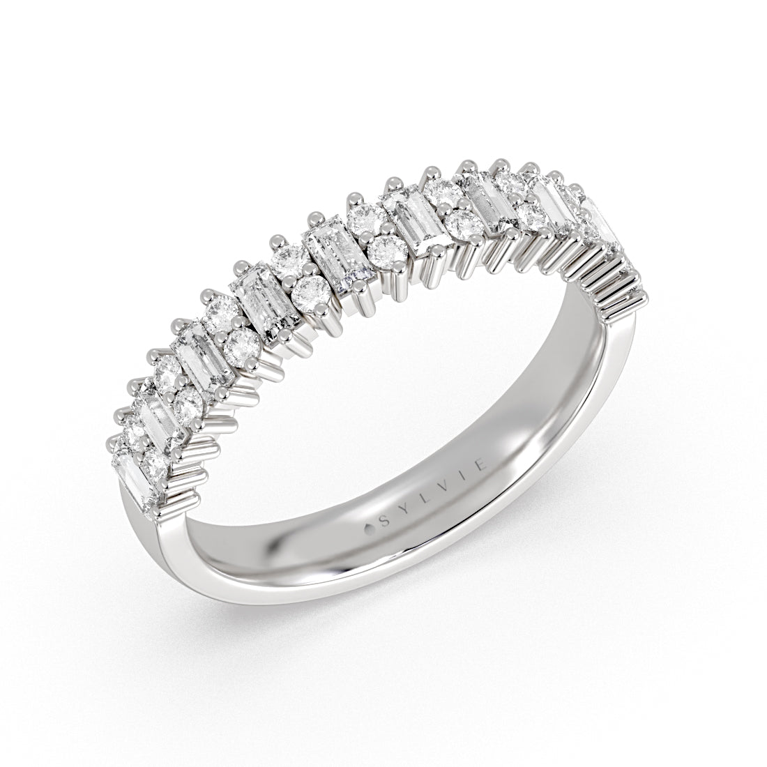 Alternating Baguette and Round Diamond Wedding Ring
