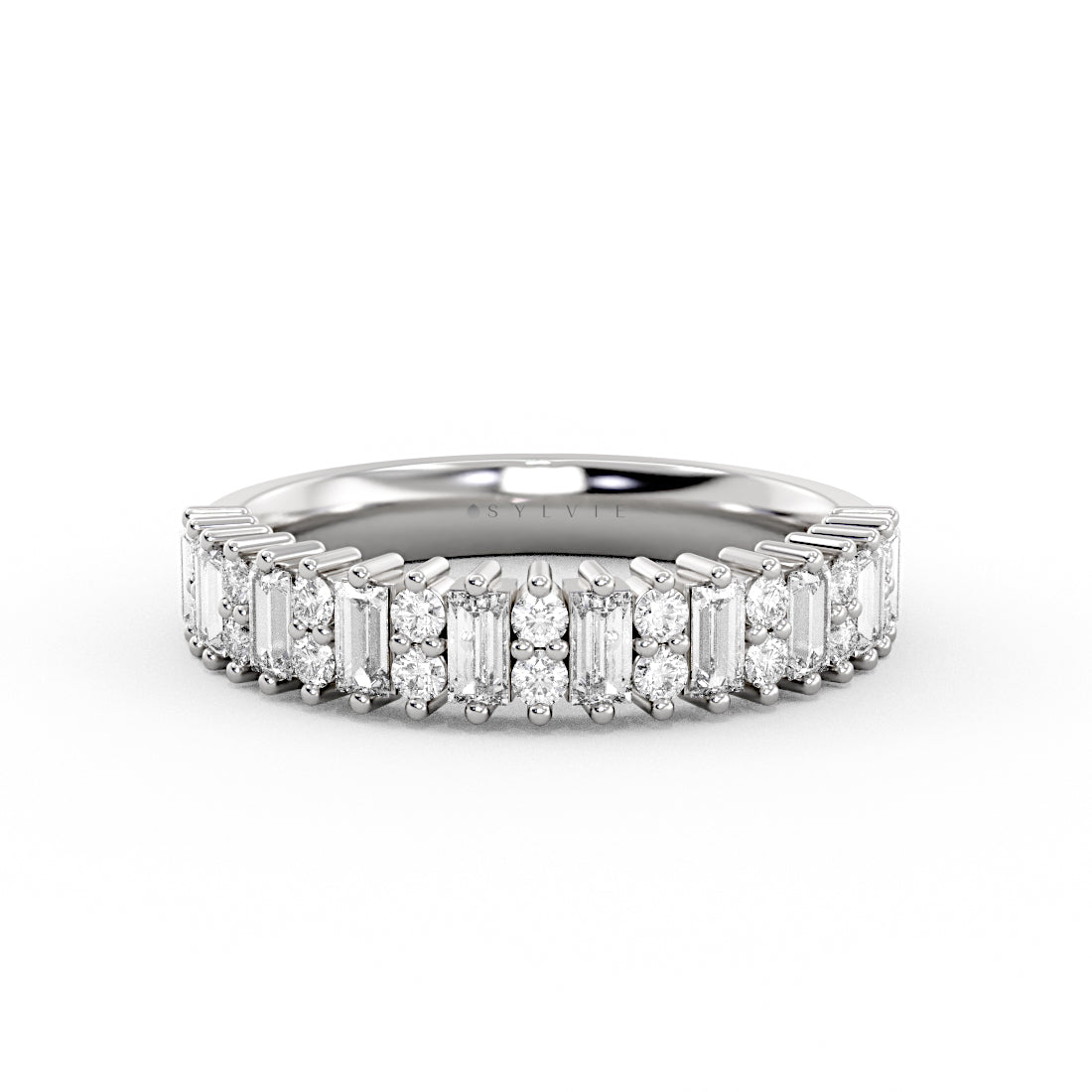 Alternating Baguette and Round Diamond Wedding Ring