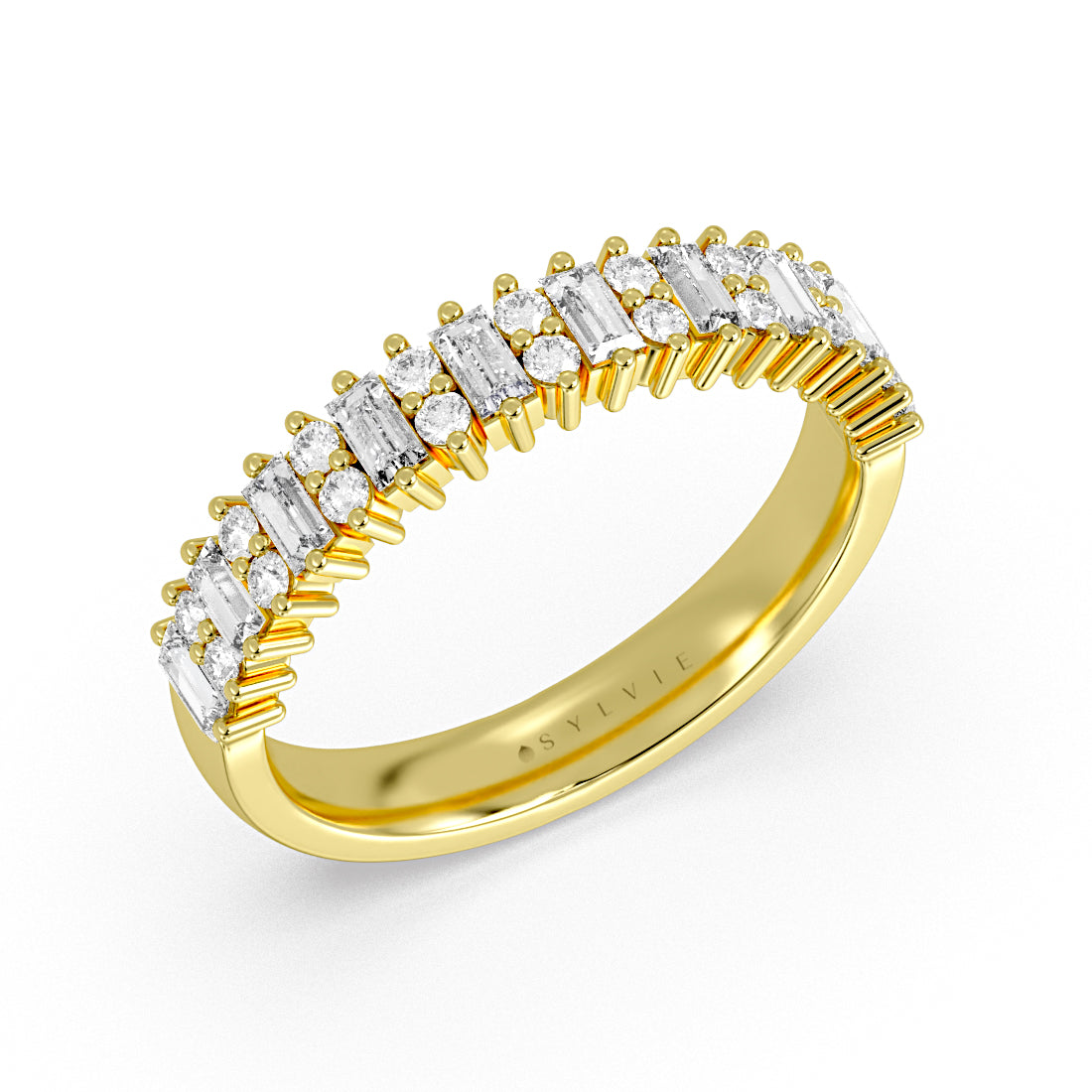 Alternating Baguette and Round Diamond Wedding Ring