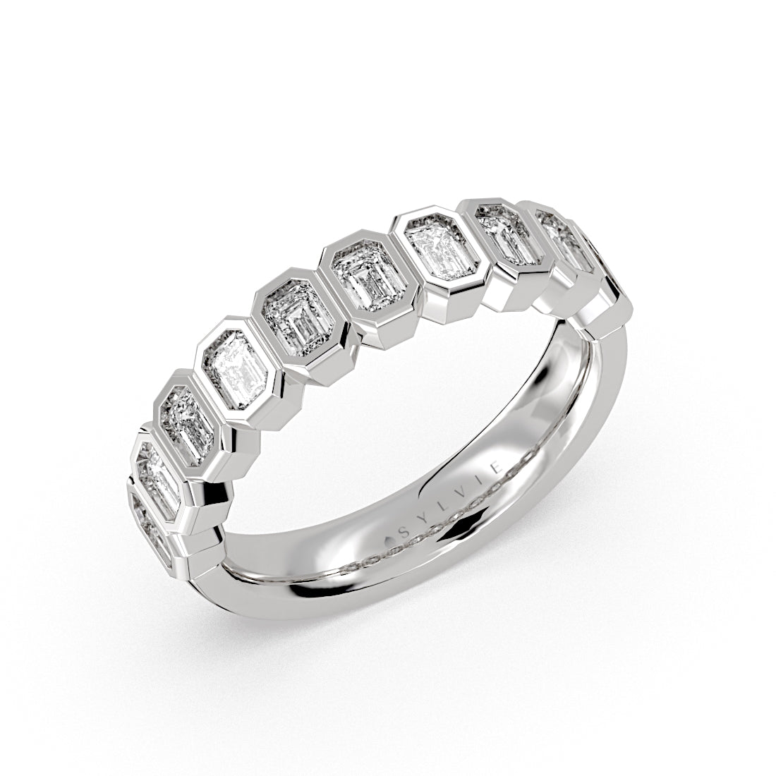 Bezel Set Emerald Diamond Wedding Ring