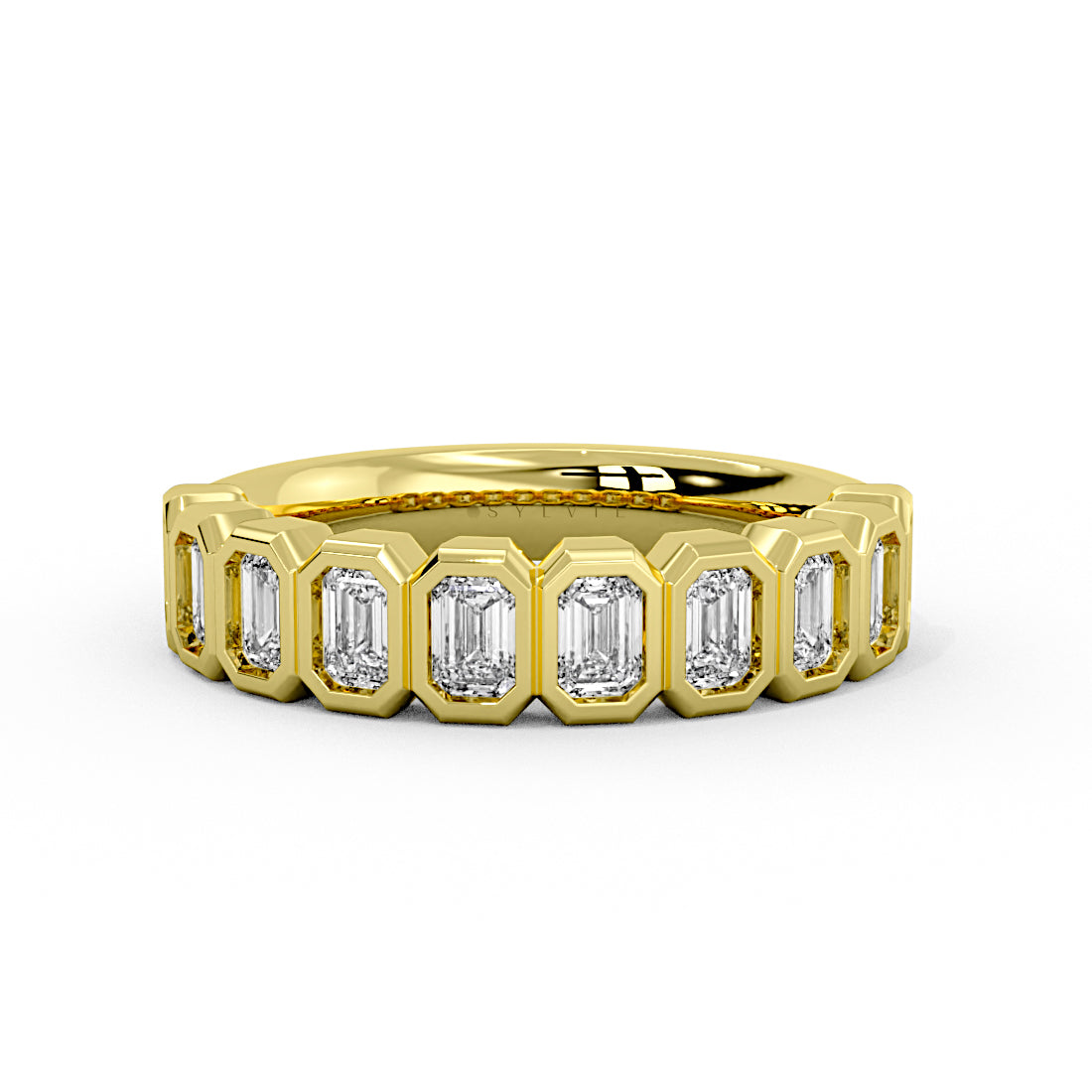Bezel Set Emerald Diamond Wedding Ring