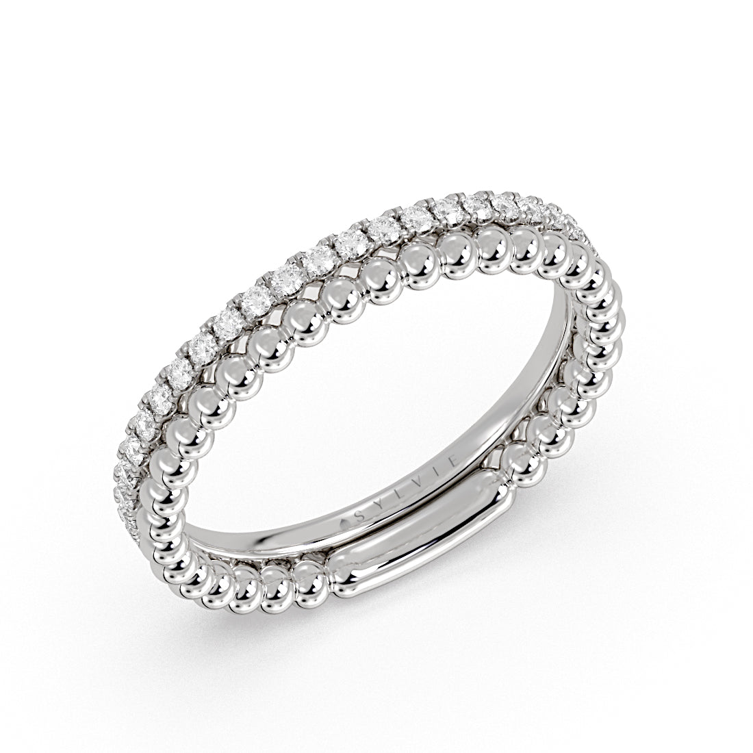 Double Band Bead and Diamond Wedding Ring