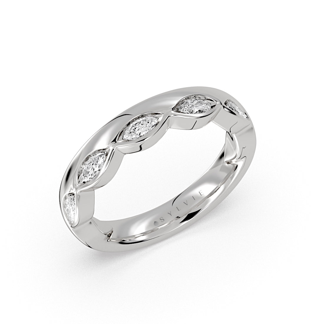 Flush Set Marquise Diamond Wedding Ring with Thick Band