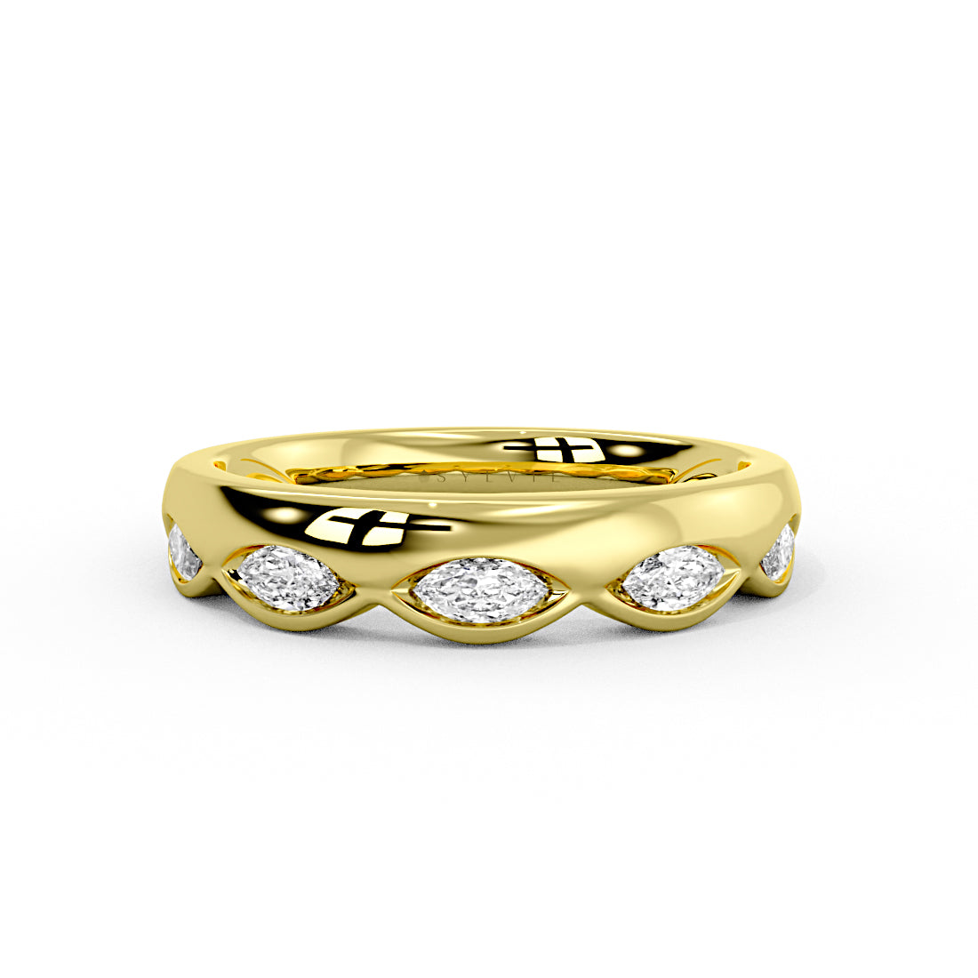 Flush Set Marquise Diamond Wedding Ring with Thick Band