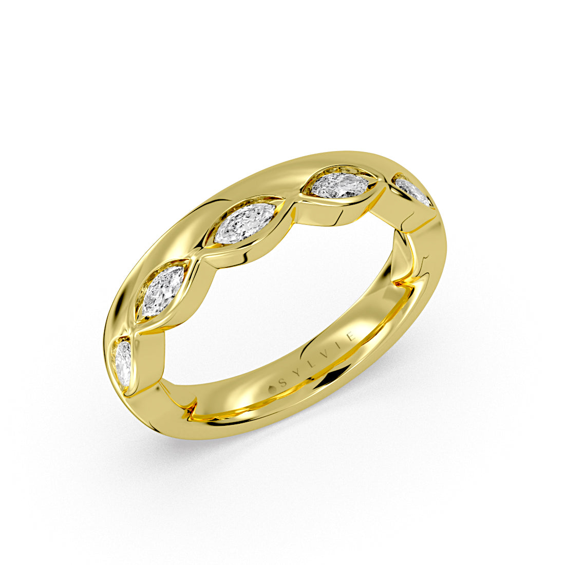 Flush Set Marquise Diamond Wedding Ring with Thick Band