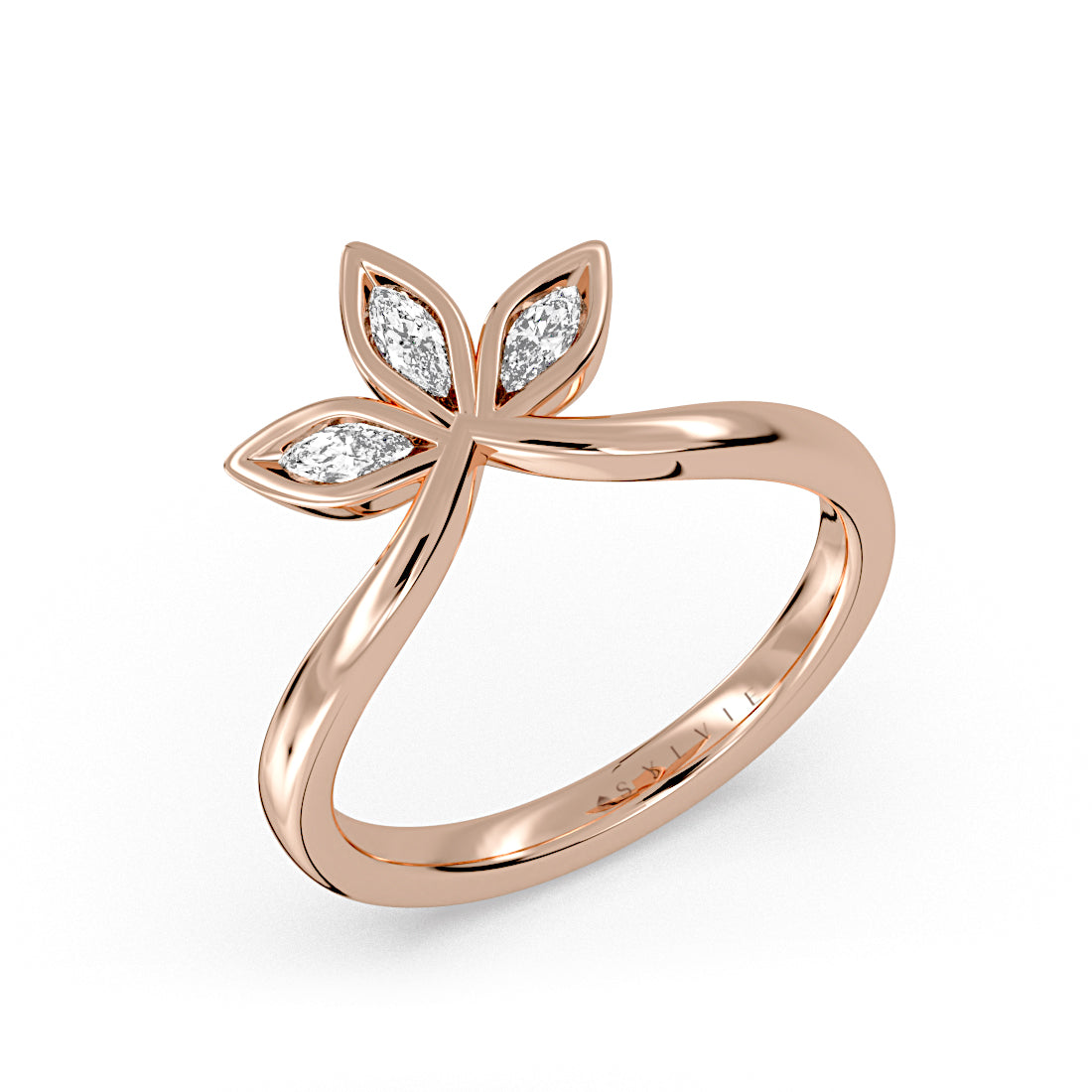 Tulira Floral Bezel Set Marquise Diamond Curved Wedding Ring