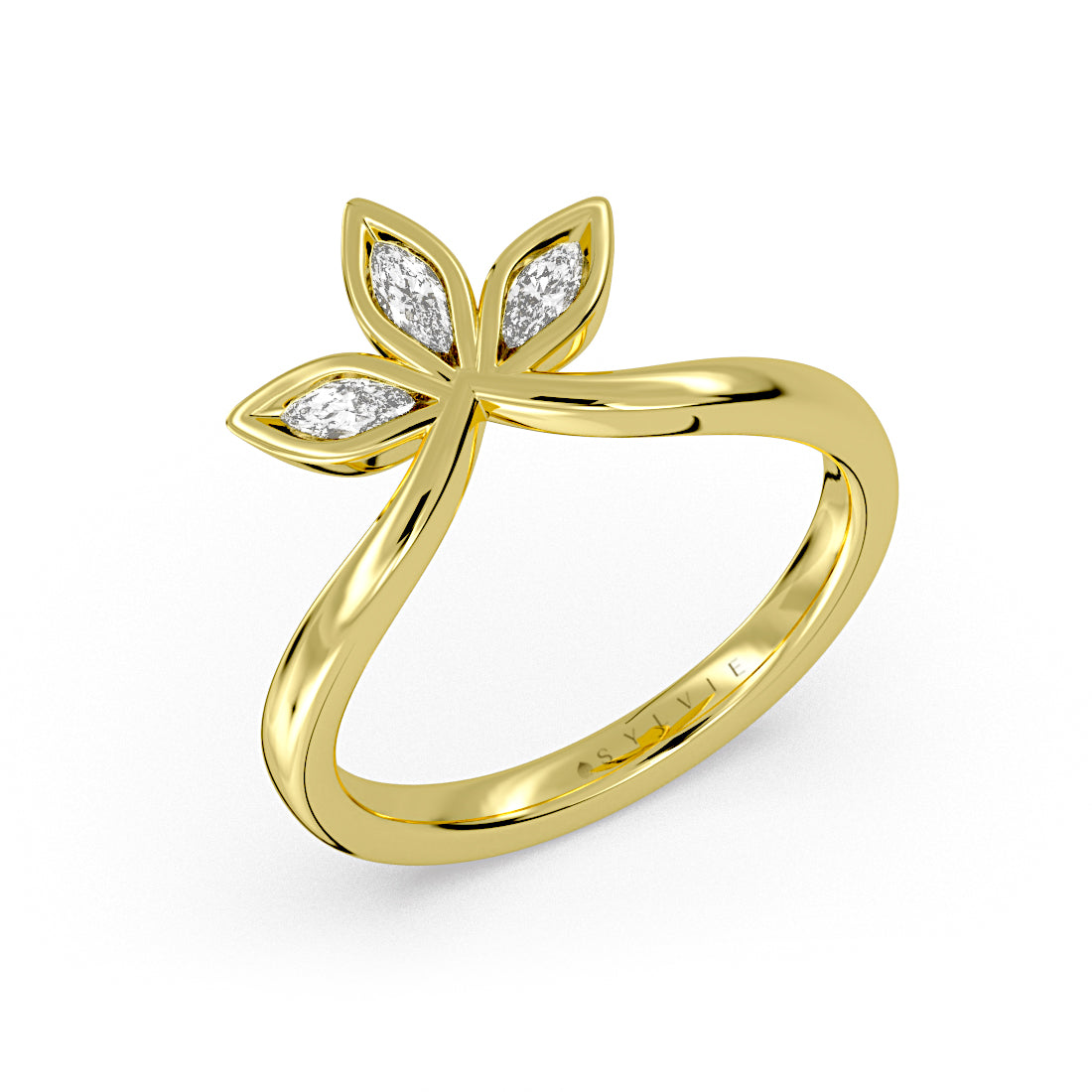 Tulira Floral Bezel Set Marquise Diamond Curved Wedding Ring