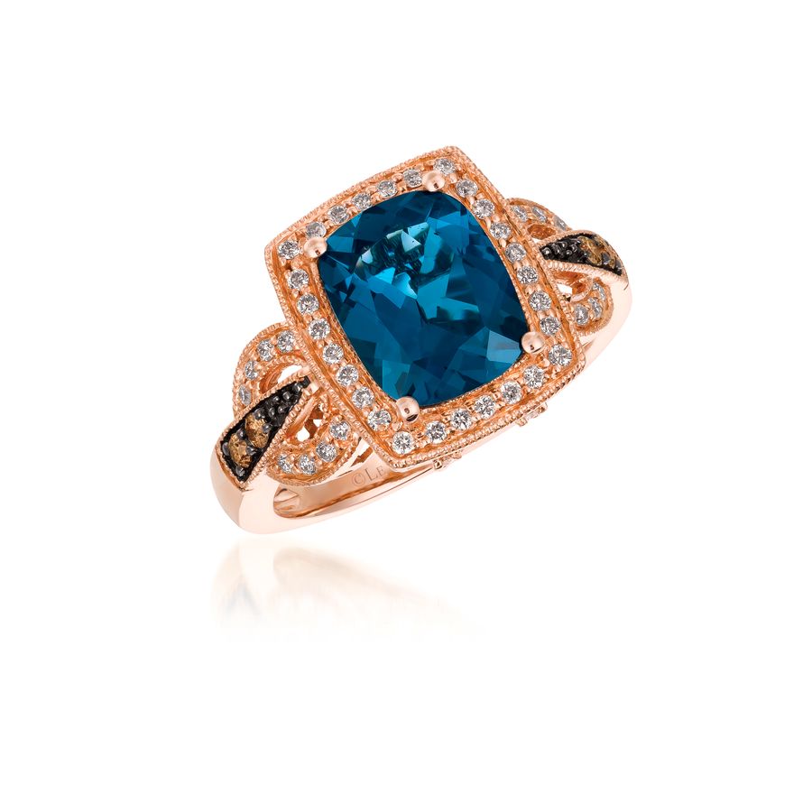 14K STRAWBERRY GOLD DIAMOND LONDON BLUE TOPAZ RING