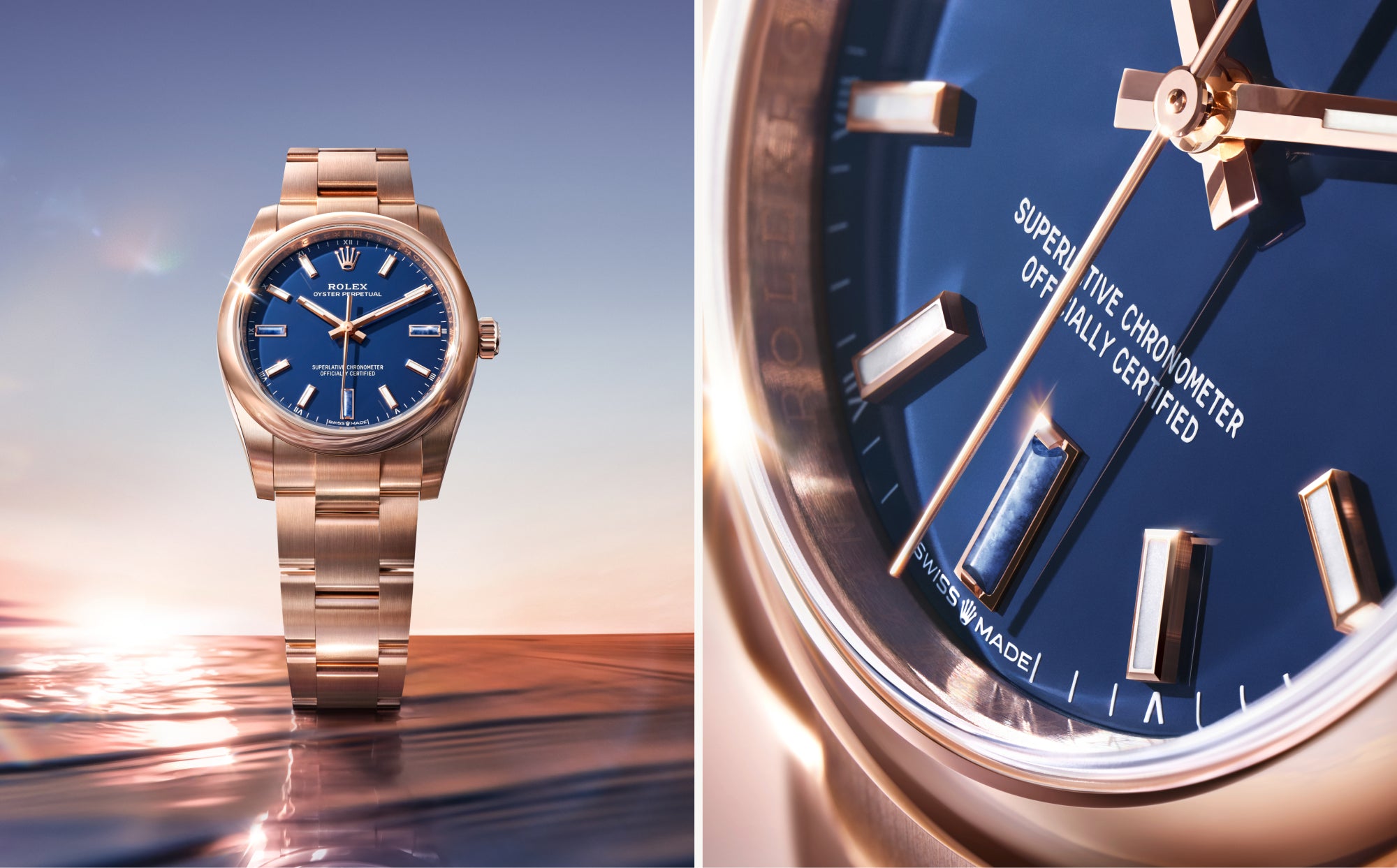 Rolex Oyster Perpetual 34 in 18 kt Everose gold with satin-finished case and blue stone lacquer dial