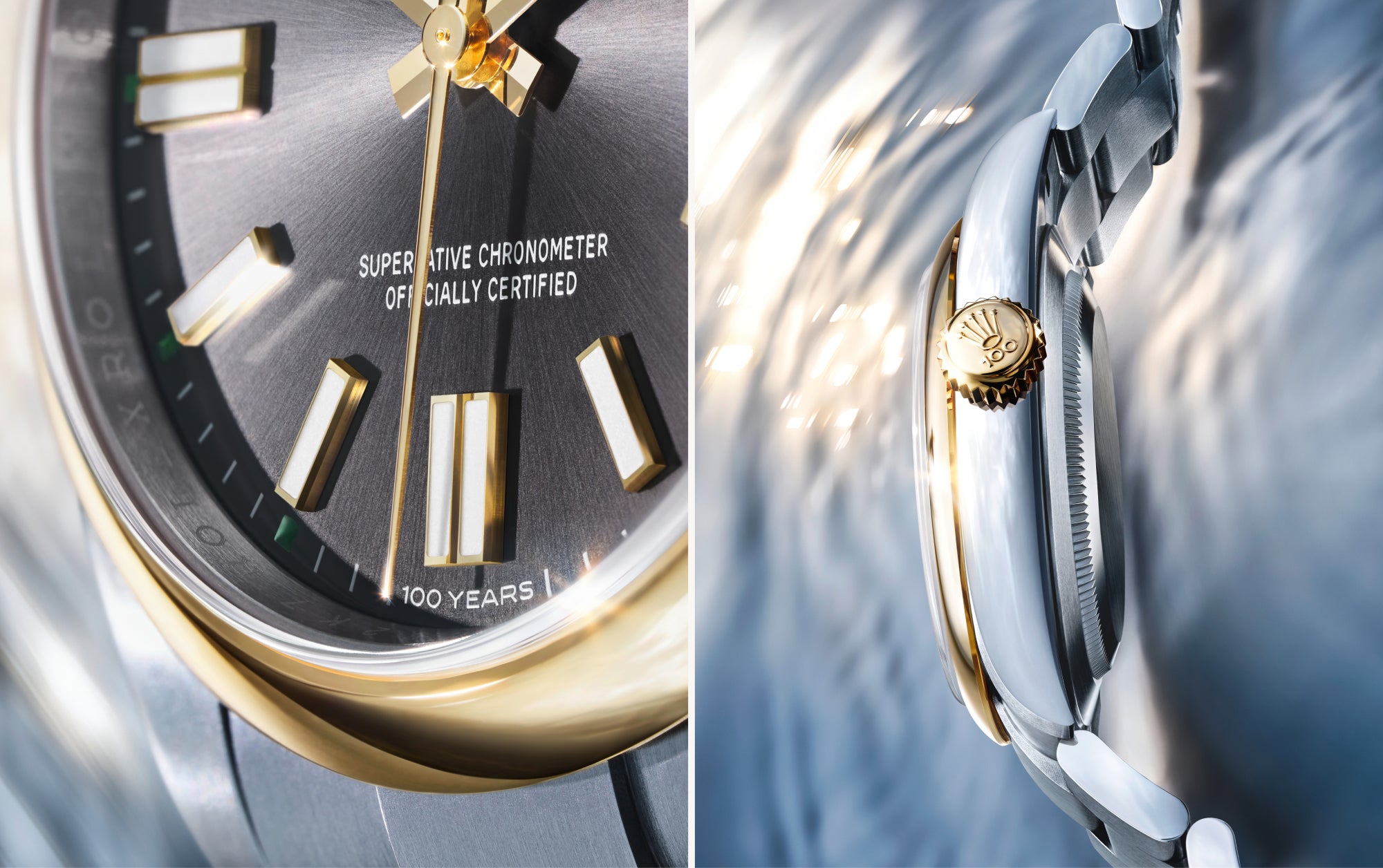 Rolex Oyster Perpetual 41 slate dial with green hour markers and 100 years inscription at 6 o'clock