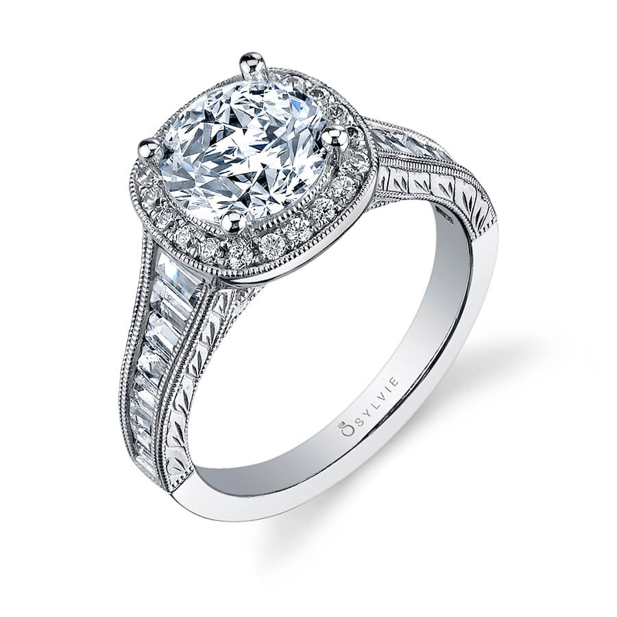 Dior - Vintage Inspired Halo Baguette Engagement Ring