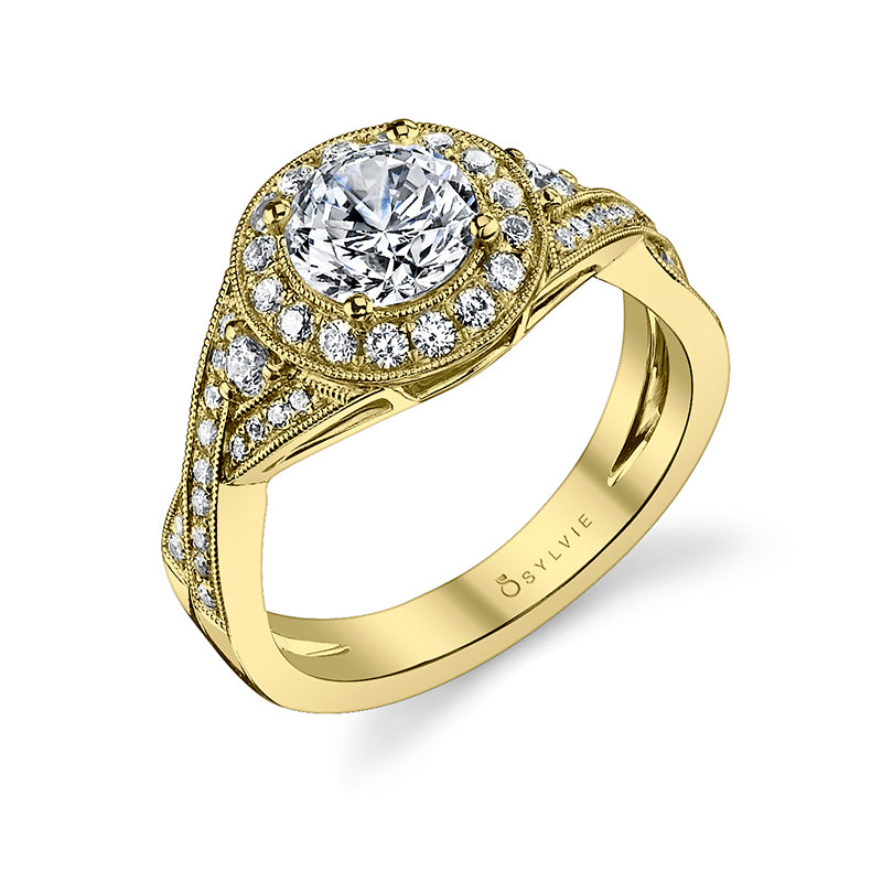 Mirielle - Vintage Round Spiral Engagement Ring with Halo