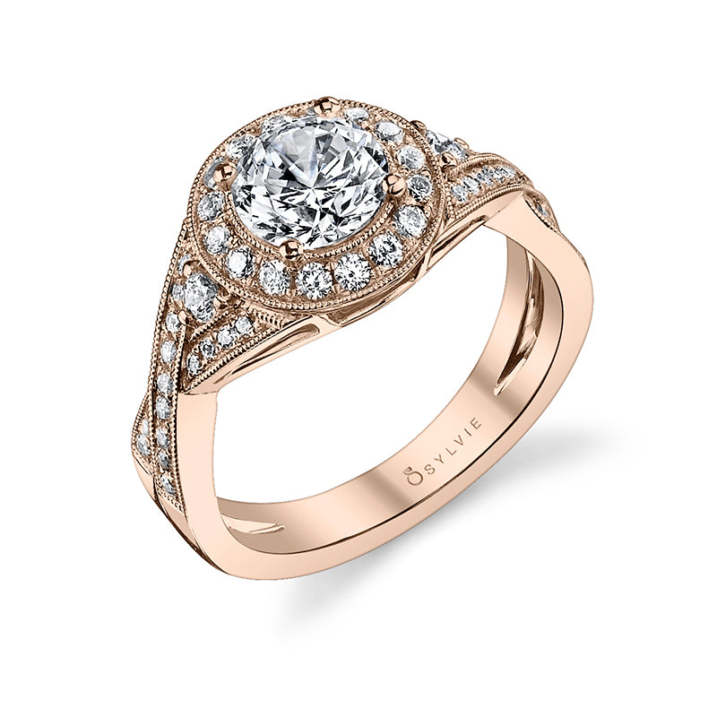 Mirielle - Vintage Round Spiral Engagement Ring with Halo