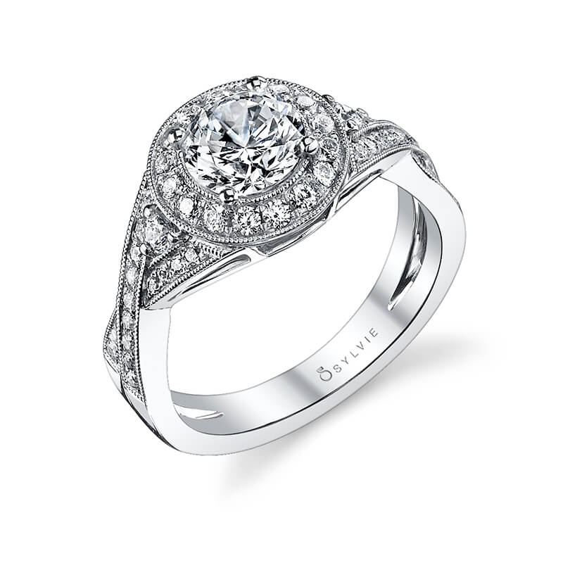 Mirielle - Vintage Round Spiral Engagement Ring with Halo