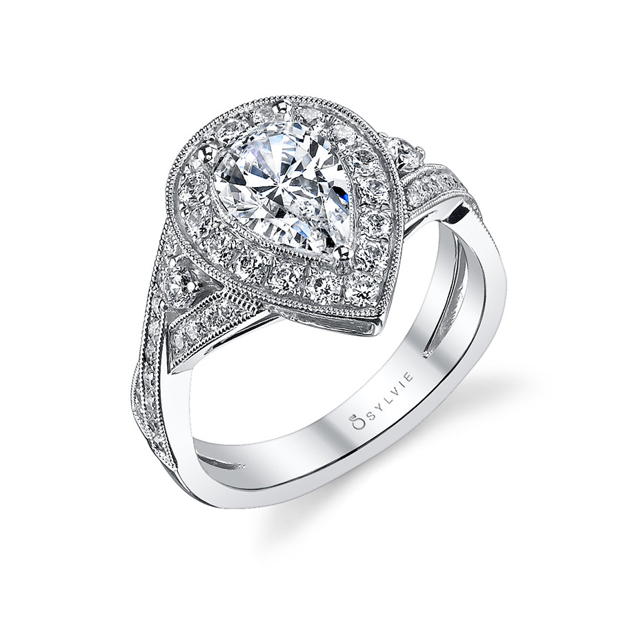 Mirielle - Vintage Pear Shaped Spiral Engagement Ring with Halo