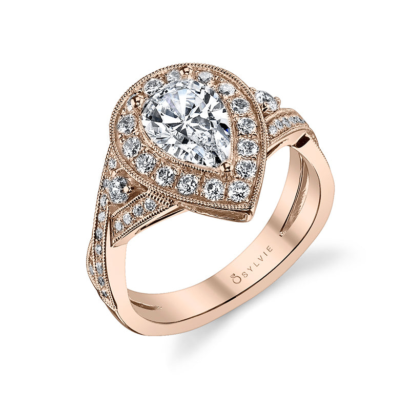 Mirielle - Vintage Pear Shaped Spiral Engagement Ring with Halo