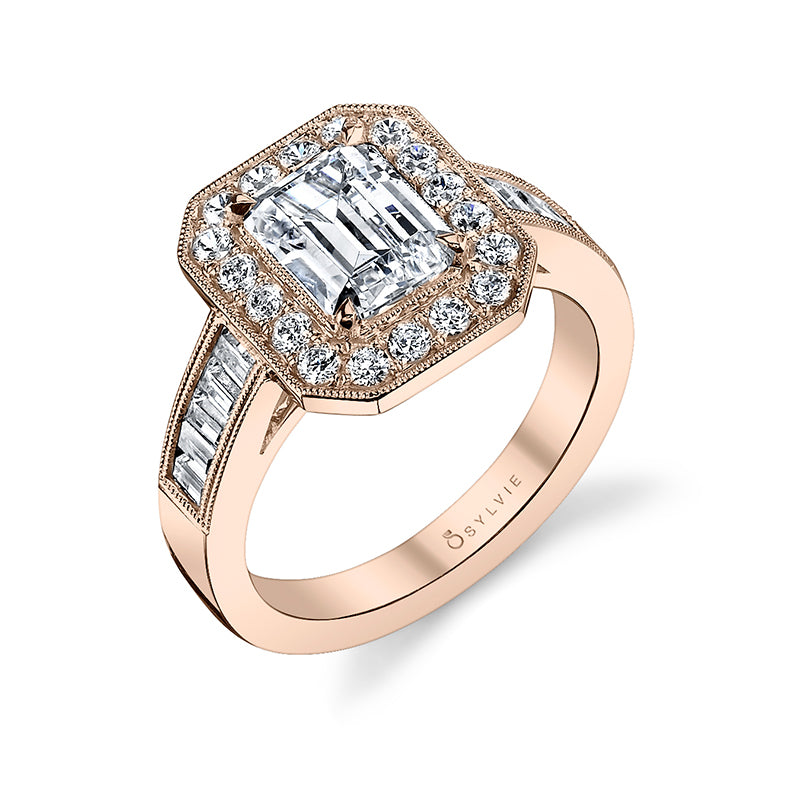 Adele - Vintage Inspired Emerald Cut Halo Engagement Ring
