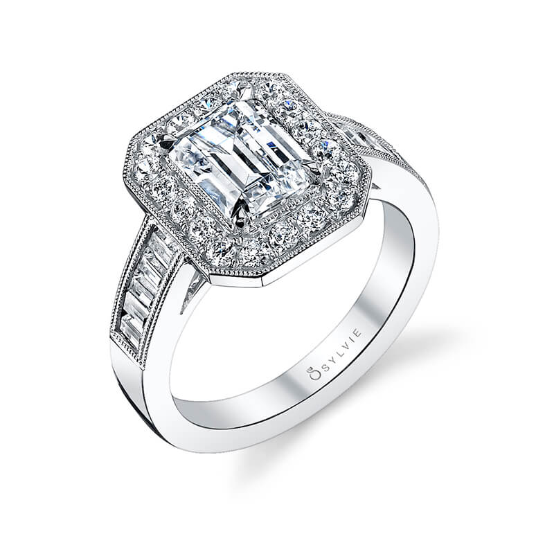 Adele - Vintage Inspired Emerald Cut Halo Engagement Ring