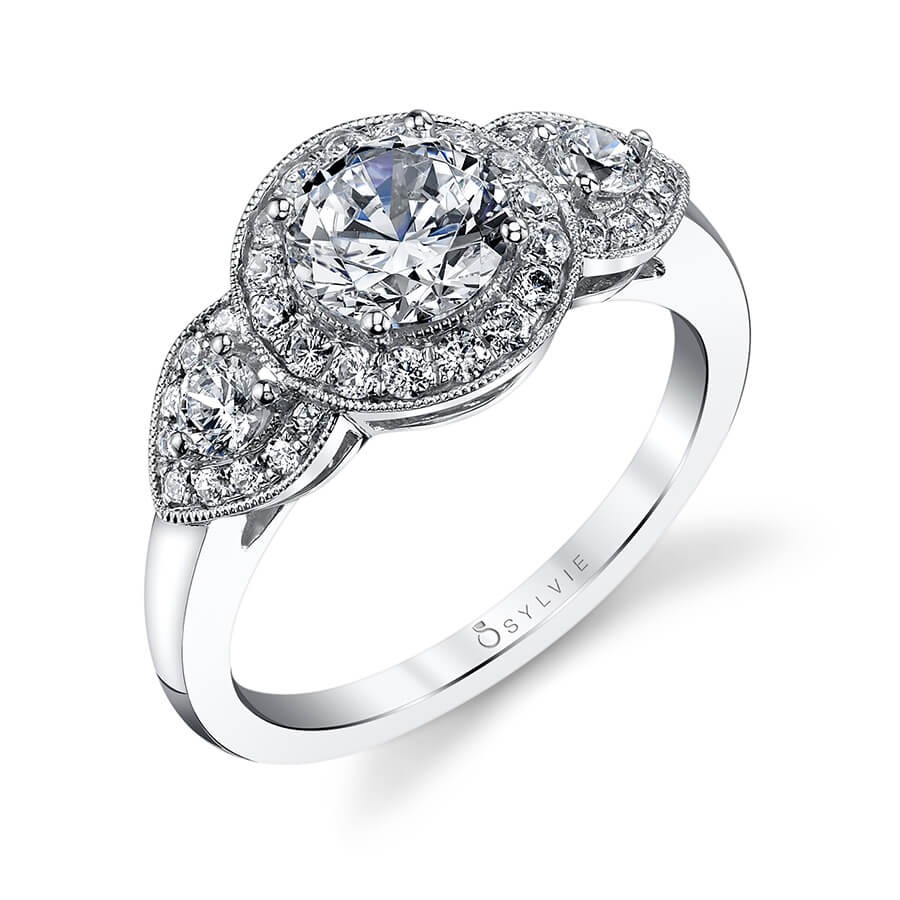 Claudie - Vintage Three Stone Engagement Ring with Halo