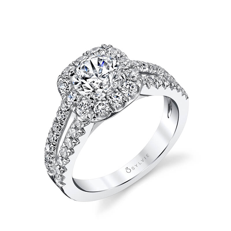 Sarah - Split Shank Engagement Ring with Cushion Cut Halo