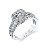 Sarah - Split Shank Engagement Ring with Cushion Cut Halo
