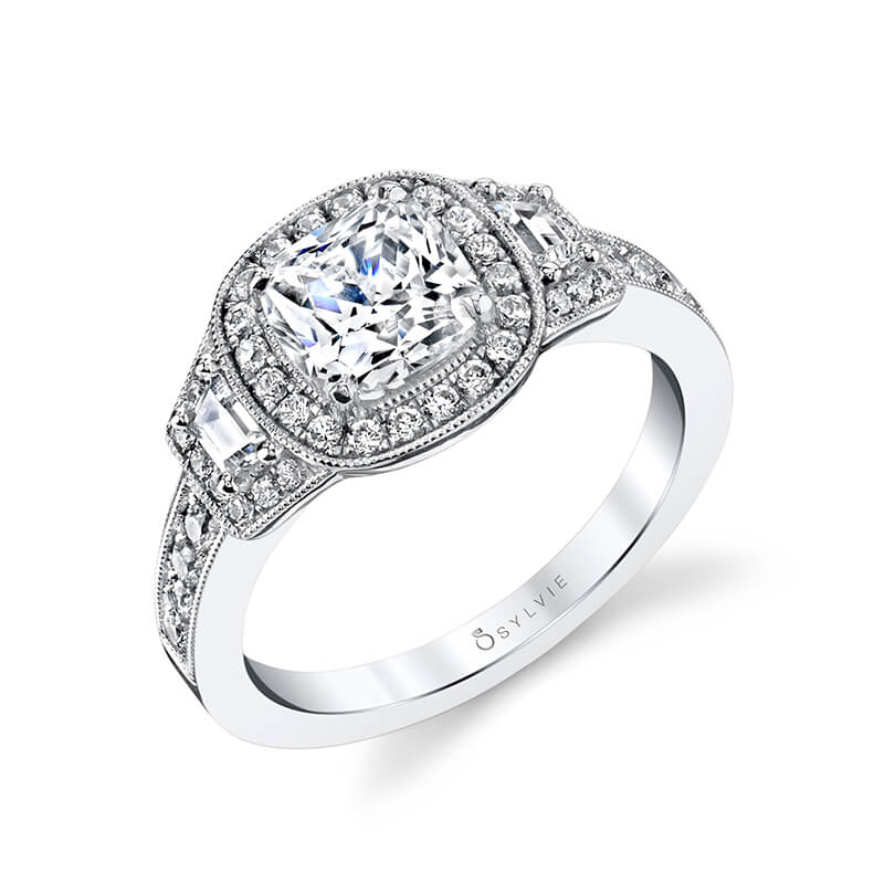 Liealia - Vintage Inspired Three Stone Cushion Cut Halo Engagement Ring