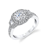 Liealia - Vintage Inspired Three Stone Cushion Cut Halo Engagement Ring