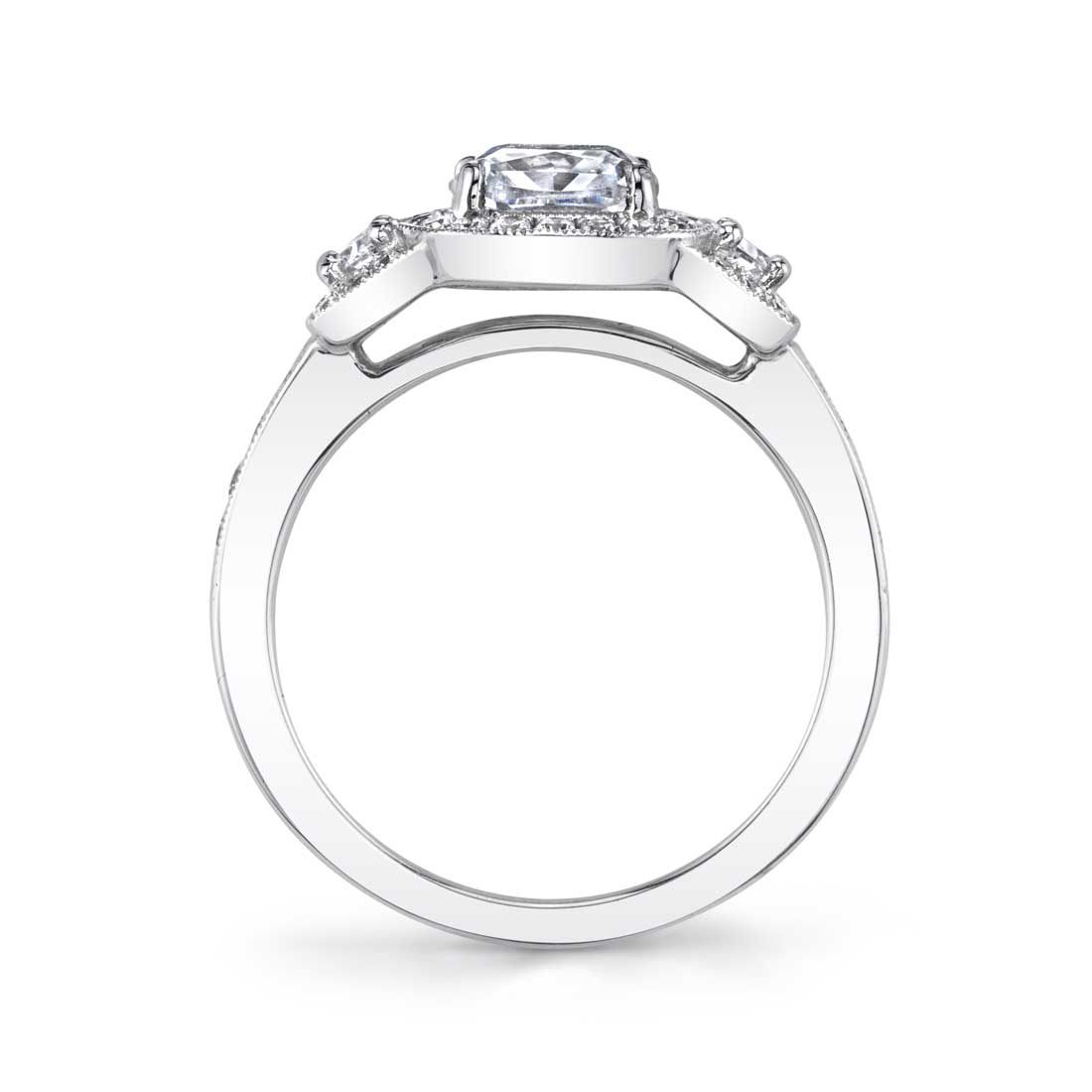 Liealia - Vintage Inspired Three Stone Cushion Cut Halo Engagement Ring