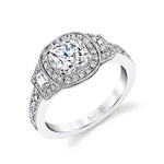 Liealia - Vintage Inspired Three Stone Cushion Cut Halo Engagement Ring
