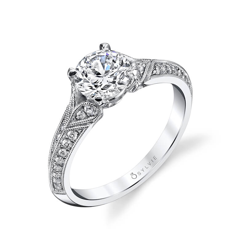 Micro Pave Modern Vintage Engagement Ring with Milgrain Detailing - Tamie
