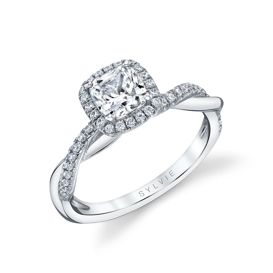 Cushion Cut halo Engagement Ring with Spiral Band - Coralie