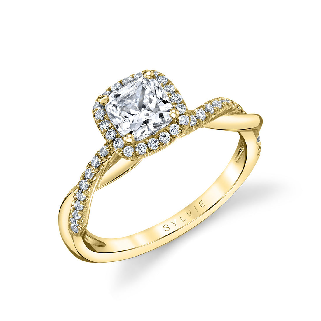 Cushion Cut halo Engagement Ring with Spiral Band - Coralie