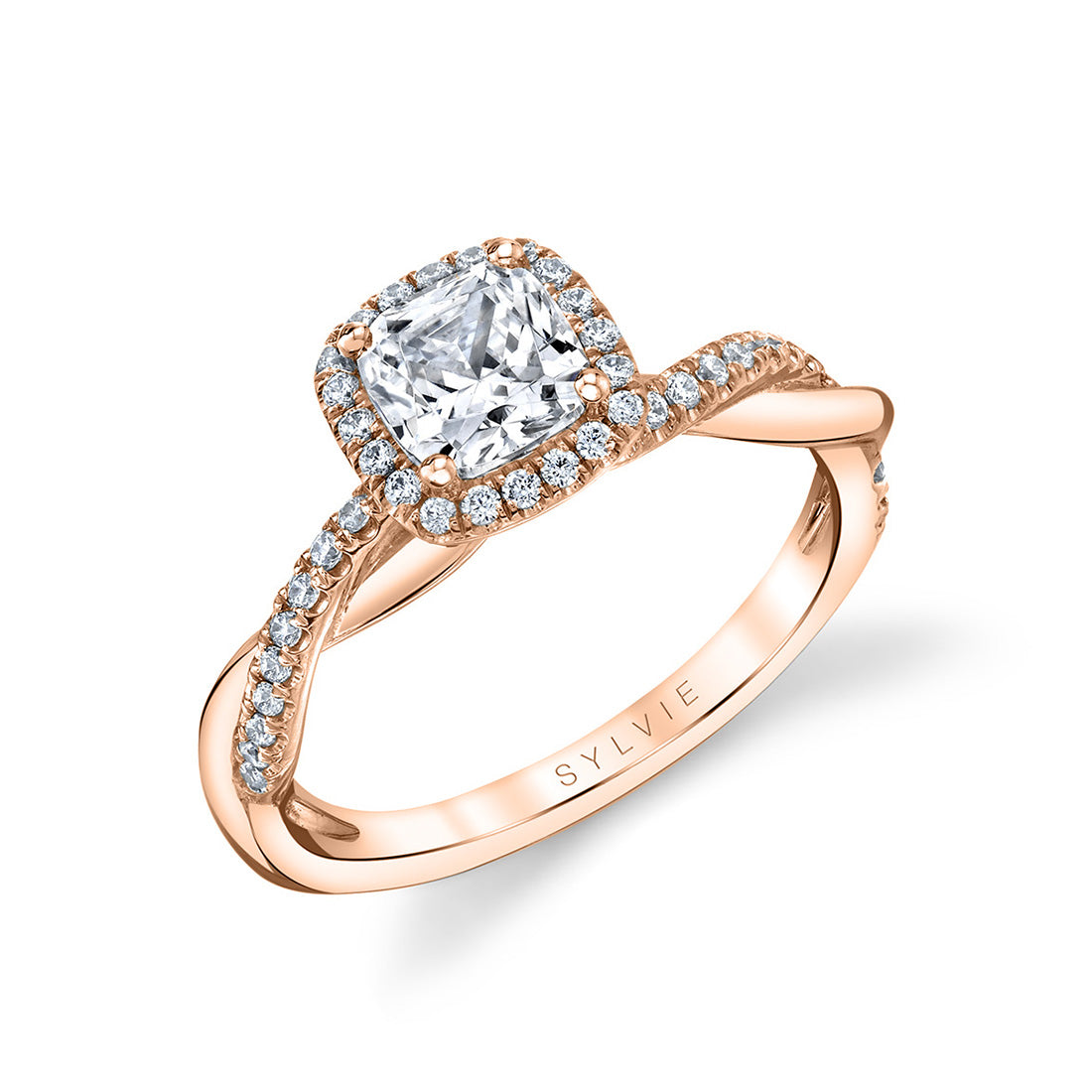 Cushion Cut halo Engagement Ring with Spiral Band - Coralie