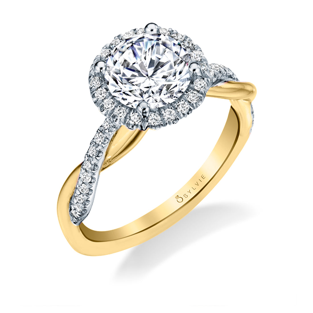 Two Tone Spiral Engagement Ring with Halo - Coralie