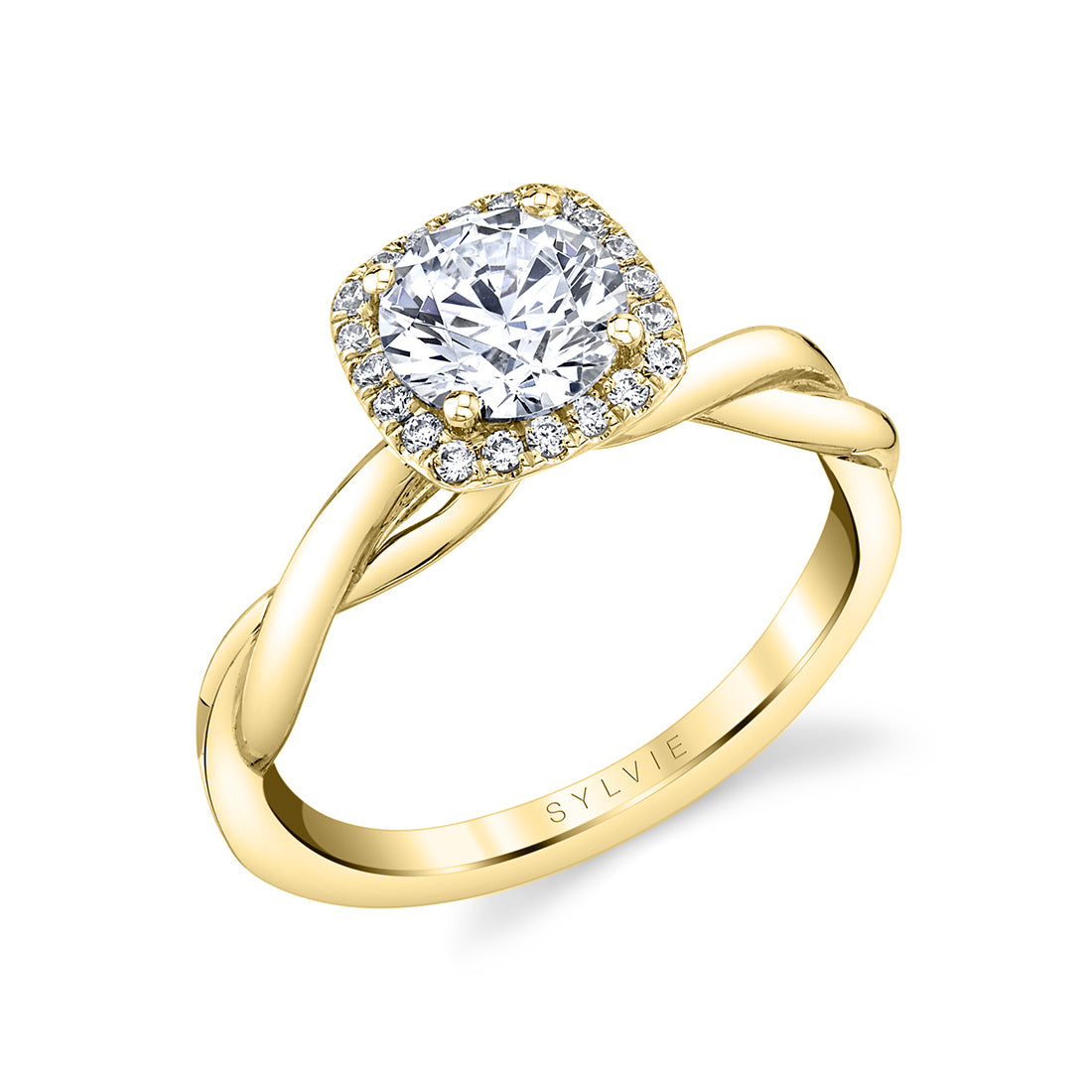 Cushion Halo Engagement Ring with Spiral Band - Coralie