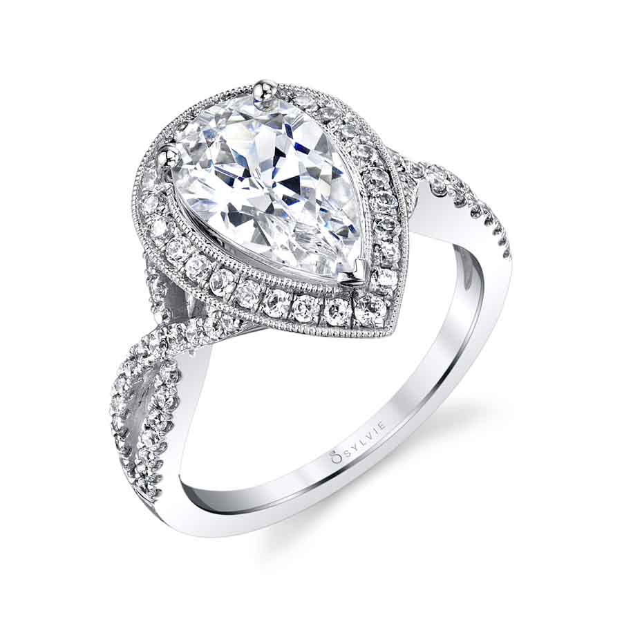 Alessandra - Pear Cut Spiral Engagement Ring with Halo