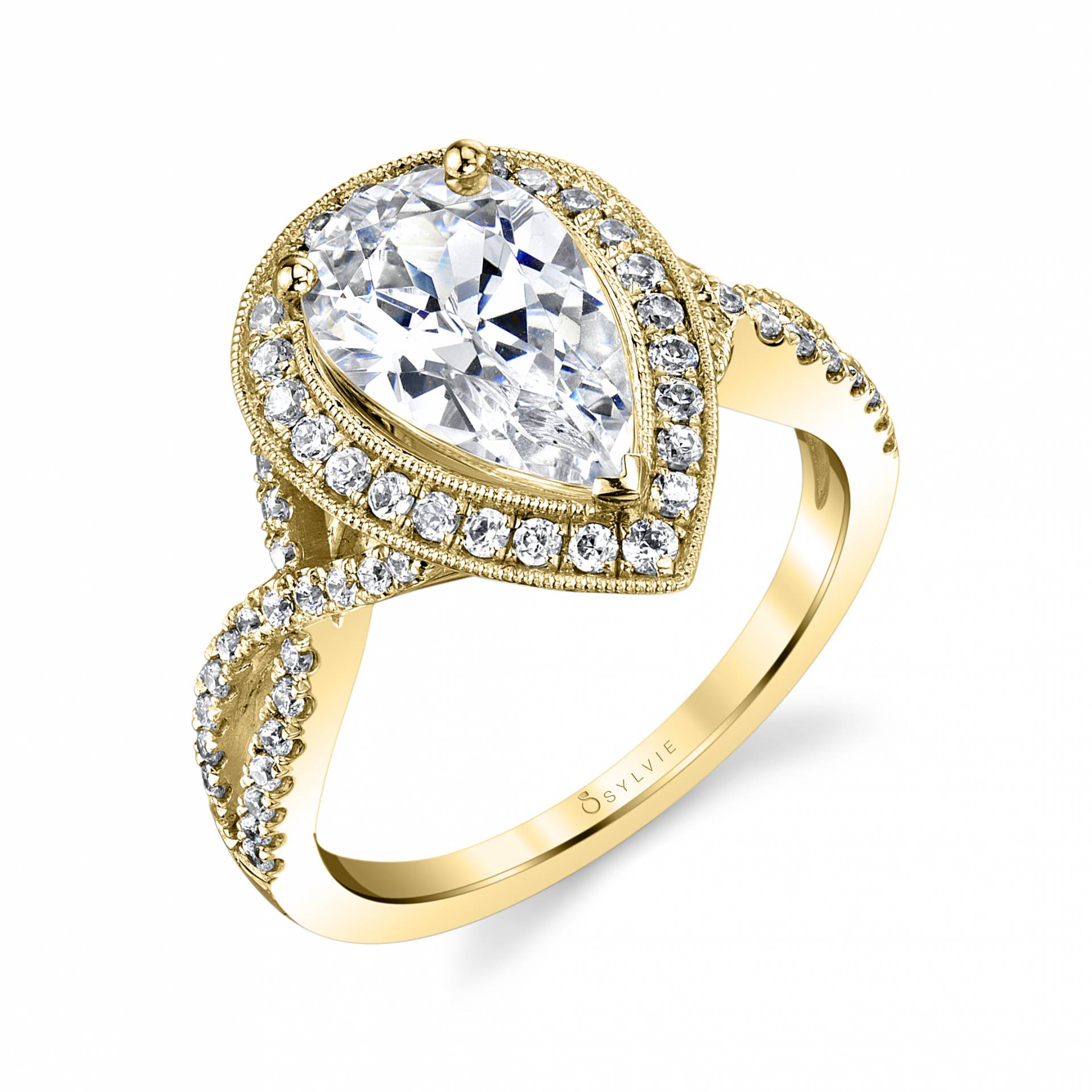 Alessandra - Pear Cut Spiral Engagement Ring with Halo