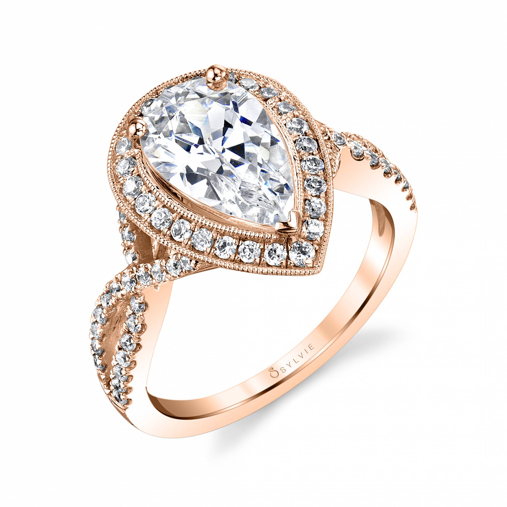 Alessandra - Pear Cut Spiral Engagement Ring with Halo