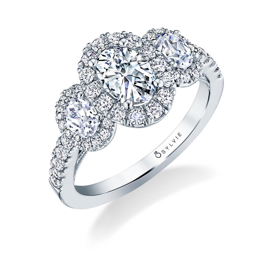 Oval Cut Three Stone Classic Halo Engagement Ring - Dara