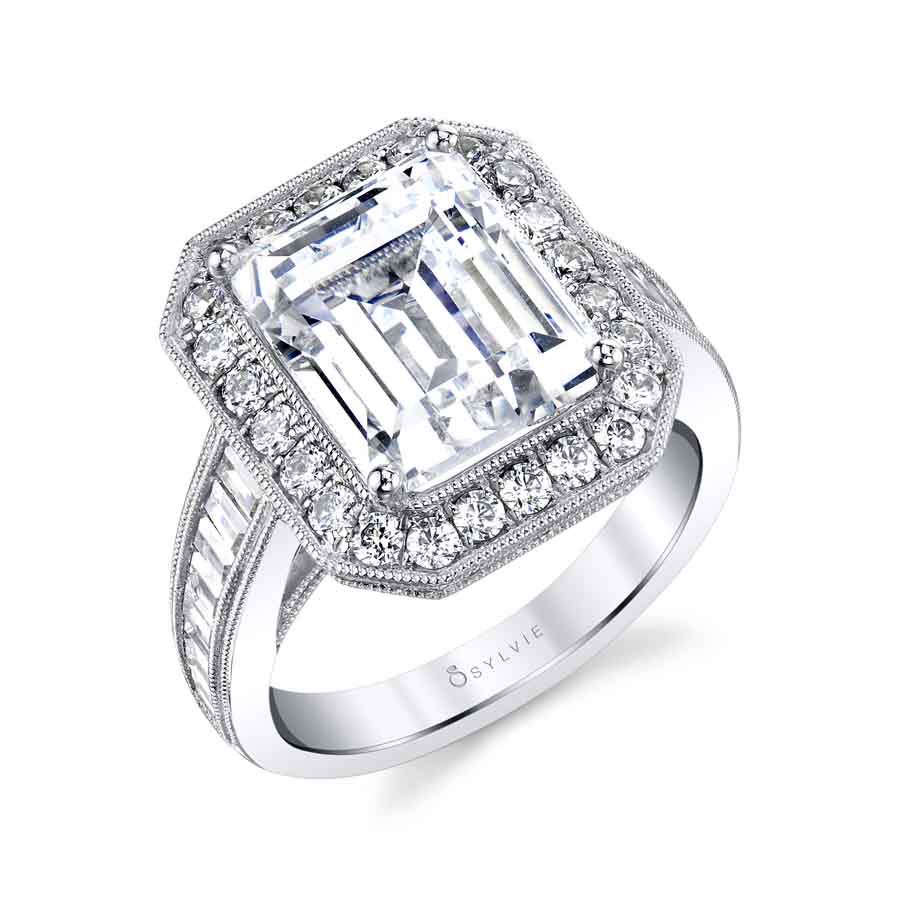 Halo Engagement Ring with Emerald Center