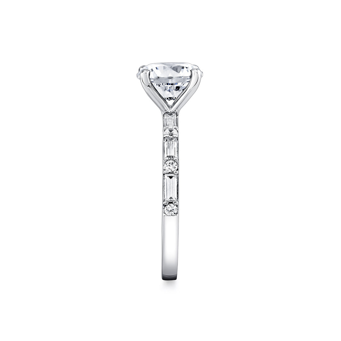 Round Cut Alternating Diamond and Baguette Engagement Ring - Bonnie