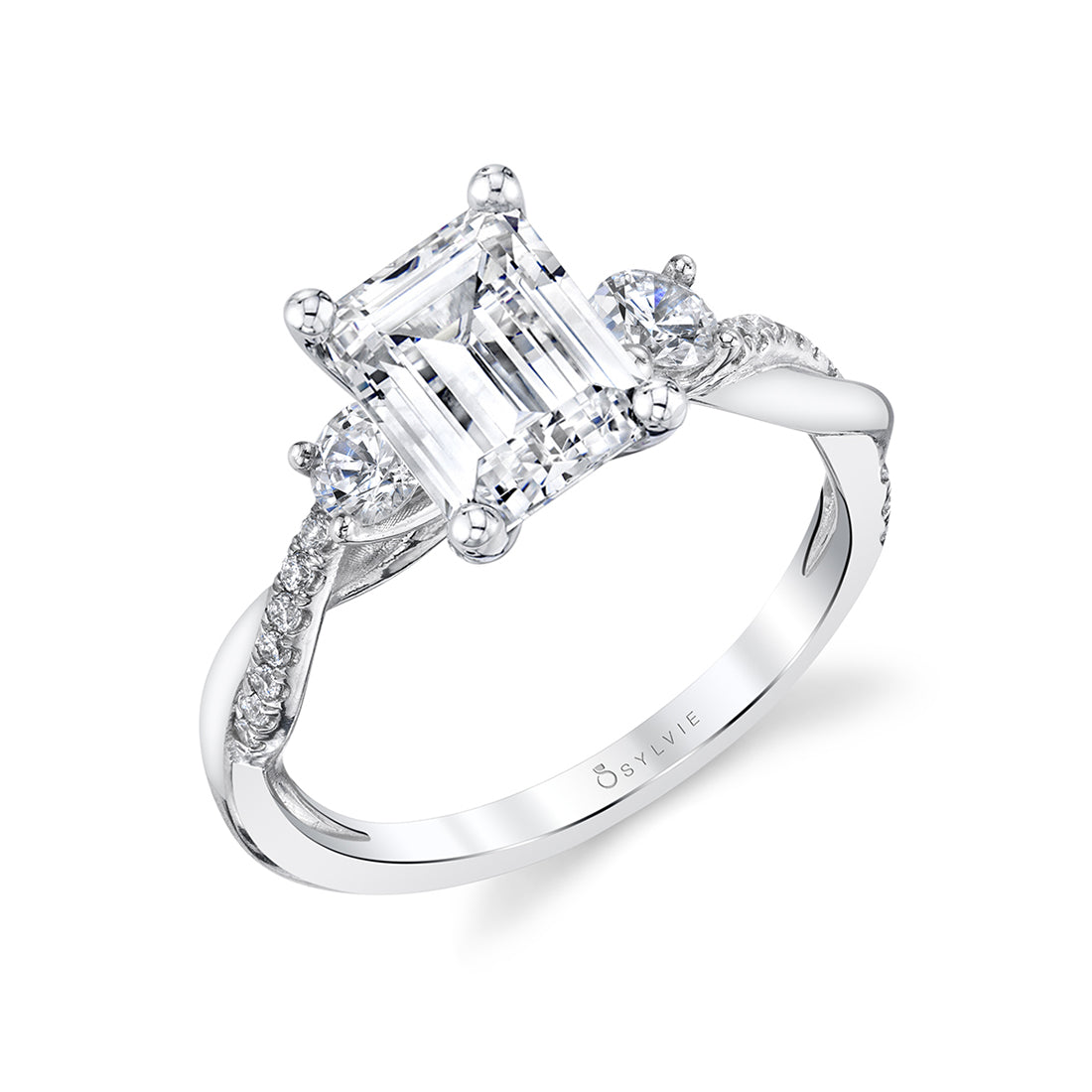 Emerald Cut Three Stone Spiral Engagement Ring - Evangeline
