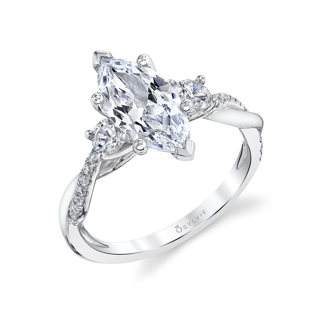Marquise Cut Three Stone Spiral Engagement Ring - Evangeline