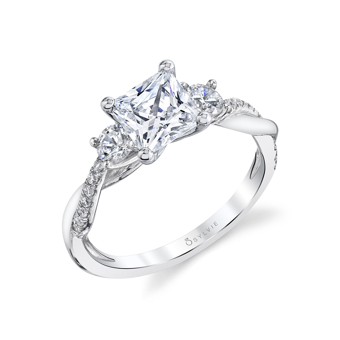 Princess Cut Three Stone Spiral Engagement Ring - Evangeline