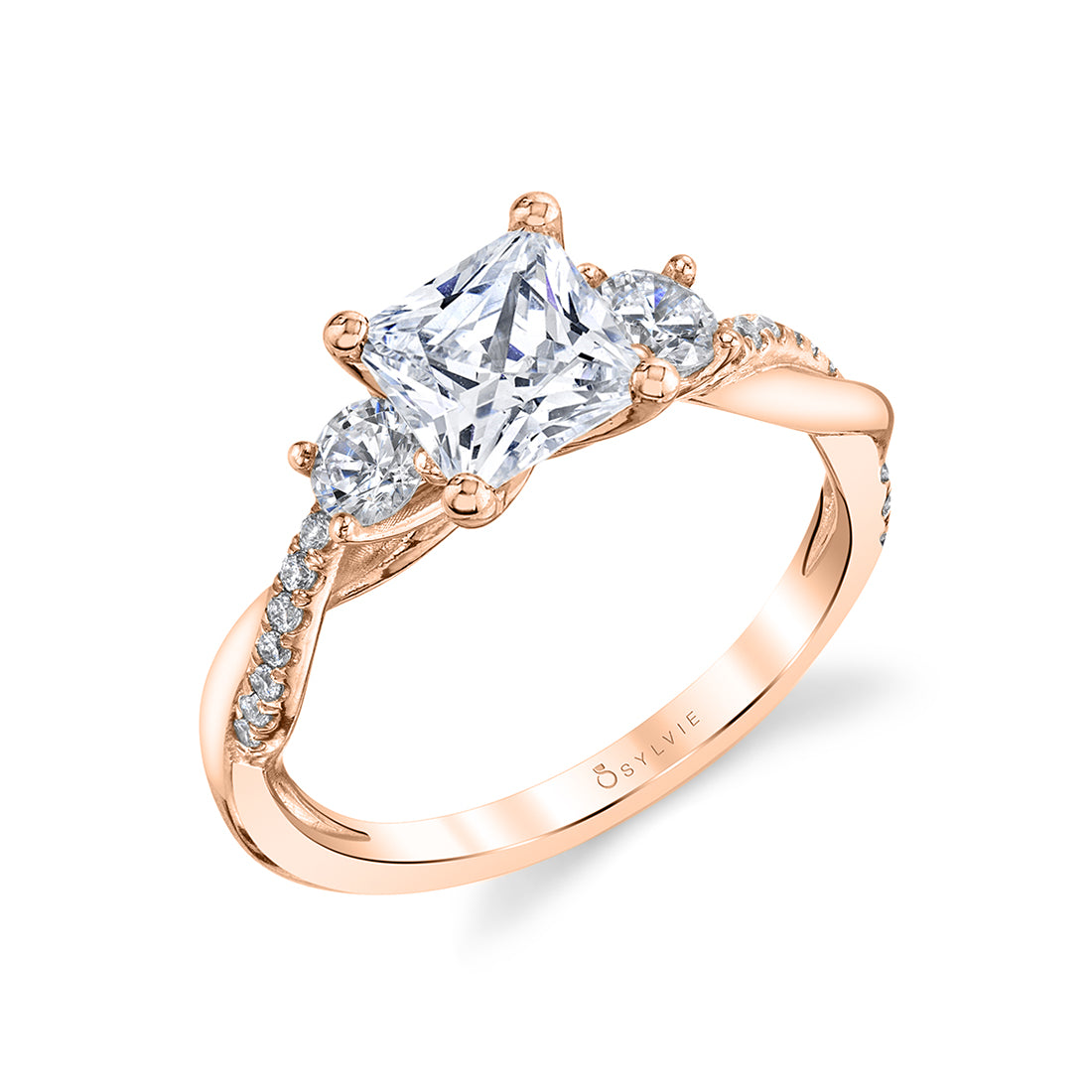Princess Cut Three Stone Spiral Engagement Ring - Evangeline